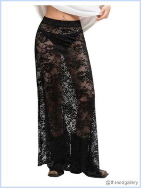 Sheer Mesh Lace Maxi Skirt Flowy Y2k See Through Long Skirt
